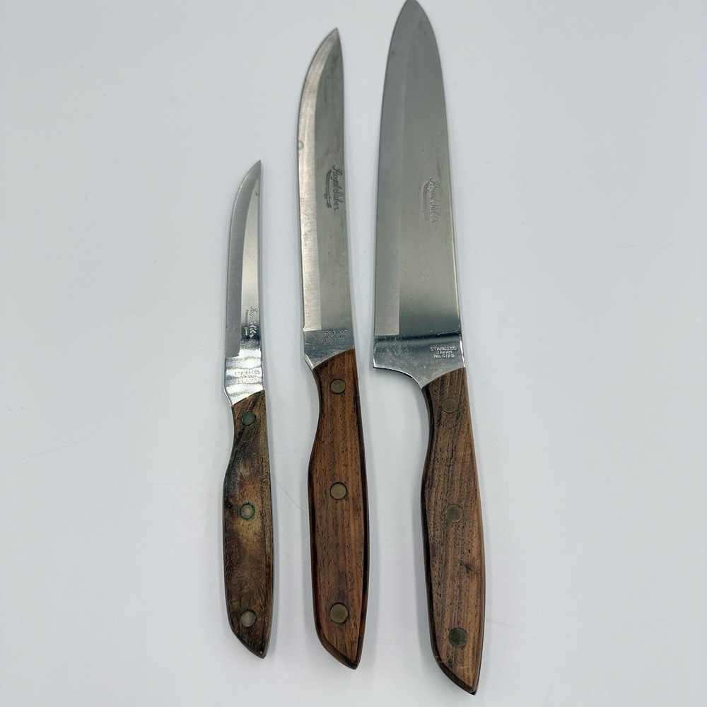 VTG Royal Saber Japan Stainless Steak Chef Knife Set Wood Handle 3 Pc Midcentury